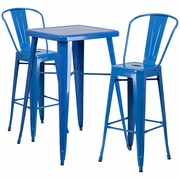 COMMERCIAL GRADE 23.75" SQUARE BLUE METAL INDOOR-OUTDOOR BAR TABLE SET WITH 2 STOOLS WITH BACKS: <font color=green>FREE SHIPPING!</font>