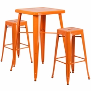 COMMERCIAL GRADE 23.75" SQUARE ORANGE METAL INDOOR-OUTDOOR BAR TABLE SET WITH 2 SQUARE SEAT BACKLESS STOOLS: <font color=green>FREE SHIPPING!</font>