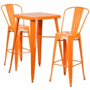 COMMERCIAL GRADE 23.75" SQUARE ORANGE METAL INDOOR-OUTDOOR BAR TABLE SET WITH 2 STOOLS WITH BACKS: <font color=green>FREE SHIPPING!</font>