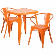 COMMERCIAL GRADE 23.75" SQUARE ORANGE METAL INDOOR-OUTDOOR TABLE SET WITH 2 ARM CHAIRS: <font color=green>FREE SHIPPING!</font>