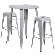 COMMERCIAL GRADE 23.75" SQUARE SILVER METAL INDOOR-OUTDOOR BAR TABLE SET WITH 2 SQUARE SEAT BACKLESS STOOLS: <font color=green>FREE SHIPPING!</font>