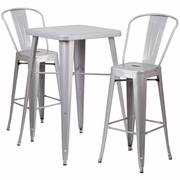 COMMERCIAL GRADE 23.75" SQUARE SILVER METAL INDOOR-OUTDOOR BAR TABLE SET WITH 2 STOOLS WITH BACKS: <font color=green>FREE SHIPPING!</font>