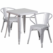 COMMERCIAL GRADE 23.75" SQUARE SILVER METAL INDOOR-OUTDOOR TABLE SET WITH 2 ARM CHAIRS: <font color=green>FREE SHIPPING!</font>
