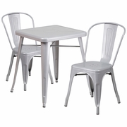 COMMERCIAL GRADE 23.75" SQUARE SILVER METAL INDOOR-OUTDOOR TABLE SET WITH 2 STACK CHAIRS: <font color=green>FREE SHIPPING!</font>