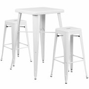 COMMERCIAL GRADE 23.75" SQUARE WHITE METAL INDOOR-OUTDOOR BAR TABLE SET WITH 2 SQUARE SEAT BACKLESS STOOLS <font color=green>FREE SHIPPING!</font>