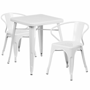 COMMERCIAL GRADE 23.75" SQUARE WHITE METAL INDOOR-OUTDOOR TABLE SET WITH 2 ARM CHAIRS: <font color=green>FREE SHIPPING!</font>
