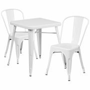 COMMERCIAL GRADE 23.75" SQUARE WHITE METAL INDOOR-OUTDOOR TABLE SET WITH 2 STACK CHAIRS: <font color=green>FREE SHIPPING!</font>