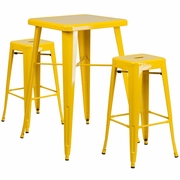 COMMERCIAL GRADE 23.75" SQUARE YELLOW METAL INDOOR-OUTDOOR BAR TABLE SET WITH 2 SQUARE SEAT BACKLESS STOOLS: <font color=green>FREE SHIPPING!</font>