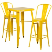 COMMERCIAL GRADE 23.75" SQUARE YELLOW METAL INDOOR-OUTDOOR BAR TABLE SET WITH 2 STOOLS WITH BACKS: <font color=green>FREE SHIPPING!</font>