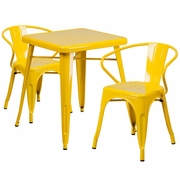 COMMERCIAL GRADE 23.75" SQUARE YELLOW METAL INDOOR-OUTDOOR TABLE SET WITH 2 ARM CHAIRS: <font color=green>FREE SHIPPING!</font>