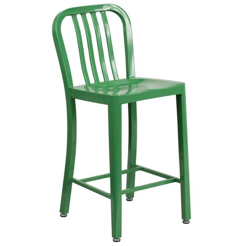 COMMERCIAL GRADE 24" HIGH GREEN METAL INDOOR-OUTDOOR COUNTER HEIGHT STOOL WITH VERTICAL SLAT BACK: <font color=green>FREE SHIPPING!</font>