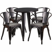 COMMERCIAL GRADE 24" ROUND BLACK-ANTIQUE GOLD METAL INDOOR-OUTDOOR TABLE SET WITH 4 ARM CHAIRS <font color=green>FREE SHIPPING!</font>
