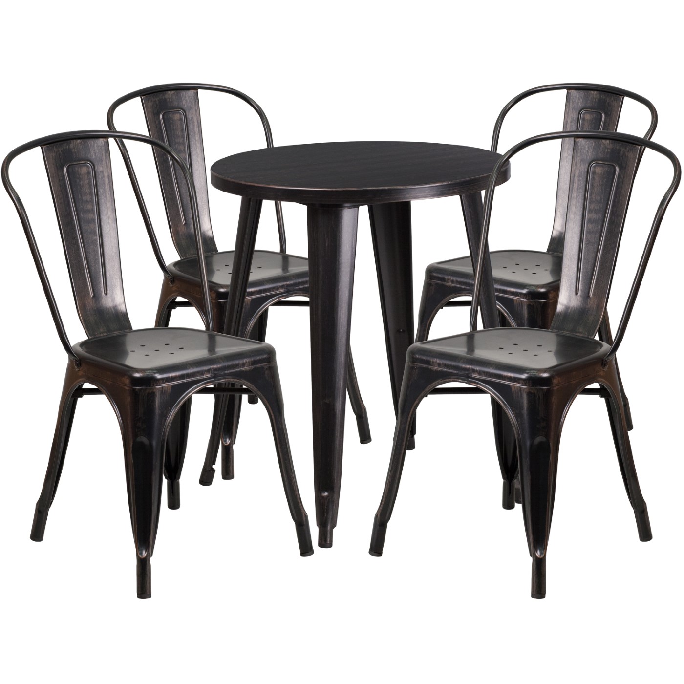 COMMERCIAL GRADE 24" ROUND BLACK-ANTIQUE GOLD METAL INDOOR-OUTDOOR TABLE SET WITH 4 CAFE CHAIRS <font color=green>FREE SHIPPING!</font> COMMERCIAL GRADE 24" ROUND BLACK-ANTIQUE GOLD METAL INDOOR-OUTDOOR TABLE SET WITH 4 CAFE CHAIRS <font color=green>FREE SHIPPING!</font>