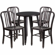 COMMERCIAL GRADE 24" ROUND BLACK-ANTIQUE GOLD METAL INDOOR-OUTDOOR TABLE SET WITH 4 VERTICAL SLAT BACK CHAIRS <font color=green>FREE SHIPPING!</font>
