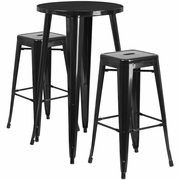 COMMERCIAL GRADE 24" ROUND BLACK METAL INDOOR-OUTDOOR BAR TABLE SET WITH 2 SQUARE SEAT BACKLESS STOOLS: <font color=green>FREE SHIPPING!</font>