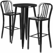 COMMERCIAL GRADE 24" ROUND BLACK METAL INDOOR-OUTDOOR BAR TABLE SET WITH 2 VERTICAL SLAT BACK STOOLS: <font color=green>FREE SHIPPING!</font>