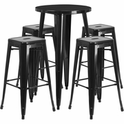 COMMERCIAL GRADE 24" ROUND BLACK METAL INDOOR-OUTDOOR BAR TABLE SET WITH 4 SQUARE SEAT BACKLESS STOOLS: <font color=green>FREE SHIPPING!</font>