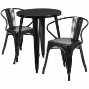 COMMERCIAL GRADE 24" ROUND BLACK METAL INDOOR-OUTDOOR TABLE SET WITH 2 ARM CHAIRS: <font color=green>FREE SHIPPING!</font>