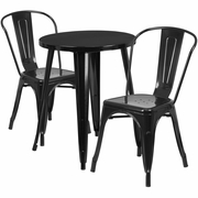 COMMERCIAL GRADE 24" ROUND BLACK METAL INDOOR-OUTDOOR TABLE SET WITH 2 CAFE CHAIRS: <font color=green>FREE SHIPPING!</font>