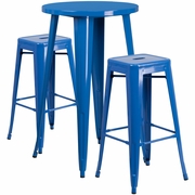 COMMERCIAL GRADE 24" ROUND BLUE METAL INDOOR-OUTDOOR BAR TABLE SET WITH 2 SQUARE SEAT BACKLESS STOOLS <font color=green>FREE SHIPPING!</font>