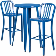 COMMERCIAL GRADE 24" ROUND BLUE METAL INDOOR-OUTDOOR BAR TABLE SET WITH 2 VERTICAL SLAT BACK STOOLS: <font color=green>FREE SHIPPING!</font>
