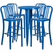 COMMERCIAL GRADE 24" ROUND BLUE METAL INDOOR-OUTDOOR BAR TABLE SET WITH 4 VERTICAL SLAT BACK STOOLS: <font color=green>FREE SHIPPING!</font>