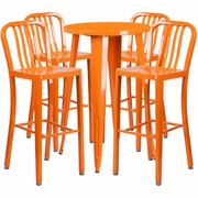 COMMERCIAL GRADE 24" ROUND ORANGE METAL INDOOR-OUTDOOR BAR TABLE SET WITH 4 VERTICAL SLAT BACK STOOLS <font color=green>FREE SHIPPING!</font>