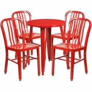 COMMERCIAL GRADE 24" ROUND RED METAL INDOOR-OUTDOOR TABLE SET WITH 4 VERTICAL SLAT BACK CHAIRS <font color=green>FREE SHIPPING!</font>