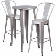 COMMERCIAL GRADE 24" ROUND SILVER METAL INDOOR-OUTDOOR BAR TABLE SET WITH 2 CAFE STOOLS: <font color=green>FREE SHIPPING!</font>