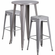 COMMERCIAL GRADE 24" ROUND SILVER METAL INDOOR-OUTDOOR BAR TABLE SET WITH 2 SQUARE SEAT BACKLESS STOOLS: <font color=green>FREE SHIPPING!</font>