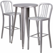 COMMERCIAL GRADE 24" ROUND SILVER METAL INDOOR-OUTDOOR BAR TABLE SET WITH 2 VERTICAL SLAT BACK STOOLS: <font color=green>FREE SHIPPING!</font>