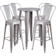 COMMERCIAL GRADE 24" ROUND SILVER METAL INDOOR-OUTDOOR BAR TABLE SET WITH 4 CAFE STOOLS: <font color=green>FREE SHIPPING!</font>