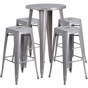 COMMERCIAL GRADE 24" ROUND SILVER METAL INDOOR-OUTDOOR BAR TABLE SET WITH 4 SQUARE SEAT BACKLESS STOOLS: <font color=green>FREE SHIPPING!</font>