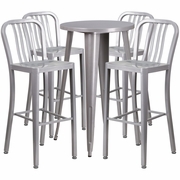COMMERCIAL GRADE 24" ROUND SILVER METAL INDOOR-OUTDOOR BAR TABLE SET WITH 4 VERTICAL SLAT BACK STOOLS <font color=green>FREE SHIPPING!</font>
