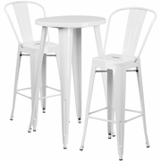 COMMERCIAL GRADE 24" ROUND WHITE METAL INDOOR-OUTDOOR BAR TABLE SET WITH 2 CAFE STOOLS: <font color=green>FREE SHIPPING!</font>