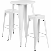 COMMERCIAL GRADE 24" ROUND WHITE METAL INDOOR-OUTDOOR BAR TABLE SET WITH 2 SQUARE SEAT BACKLESS STOOLS: <font color=green>FREE SHIPPING!</font>