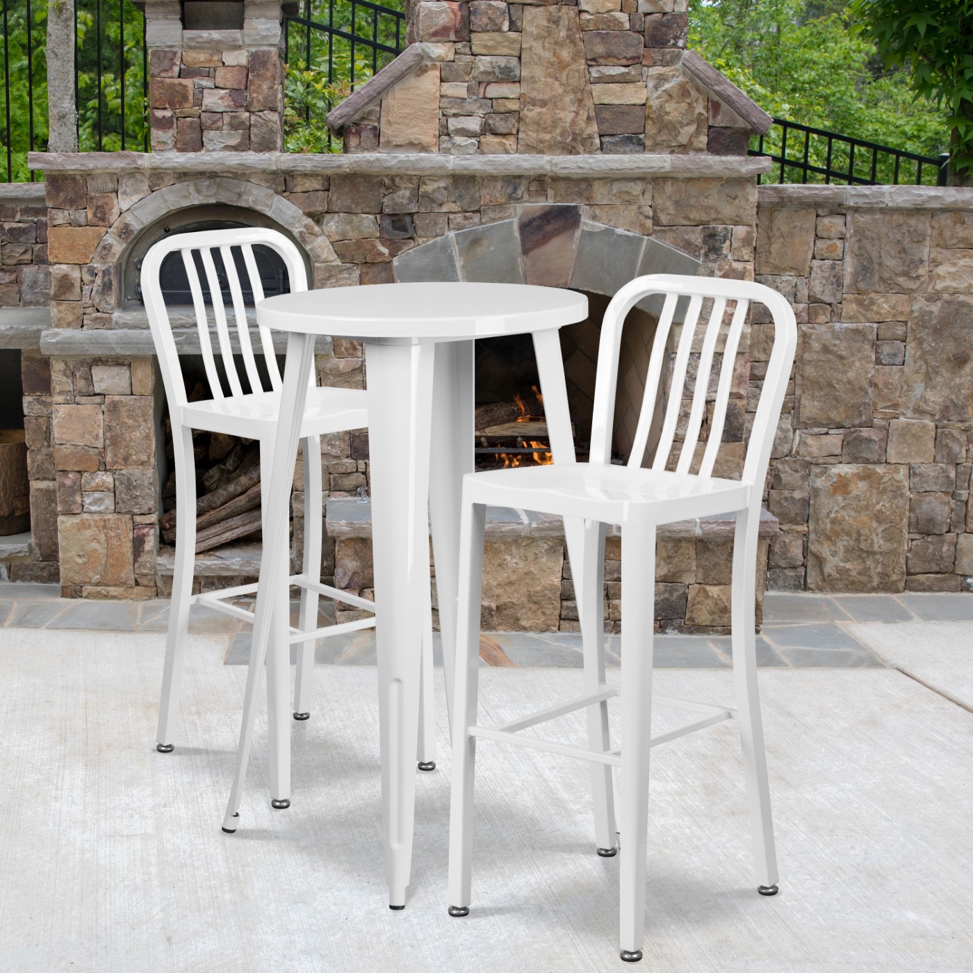 Commercial Grade 24" Round White Metal IndoorOutdoor Bar Table Set