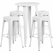 COMMERCIAL GRADE 24" ROUND WHITE METAL INDOOR-OUTDOOR BAR TABLE SET WITH 4 SQUARE SEAT BACKLESS STOOLS: <font color=green>FREE SHIPPING!</font>