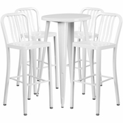 COMMERCIAL GRADE 24" ROUND WHITE METAL INDOOR-OUTDOOR BAR TABLE SET WITH 4 VERTICAL SLAT BACK STOOLS <font color=green>FREE SHIPPING!</font>