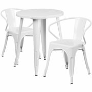 COMMERCIAL GRADE 24" ROUND WHITE METAL INDOOR-OUTDOOR TABLE SET WITH 2 ARM CHAIRS <font color=green>FREE SHIPPING!</font>