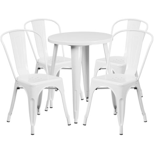 COMMERCIAL GRADE 24" ROUND WHITE METAL INDOOR-OUTDOOR TABLE SET WITH 4 CAFE CHAIRS <font color=green>FREE SHIPPING!</font>