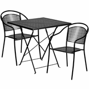 COMMERCIAL GRADE 28" SQUARE BLACK INDOOR-OUTDOOR STEEL FOLDING PATIO TABLE SET WITH 2 ROUND BACK CHAIRS <font color=green>FREE SHIPPING!</font>