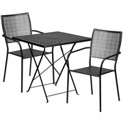 COMMERCIAL GRADE 28" SQUARE BLACK INDOOR-OUTDOOR STEEL FOLDING PATIO TABLE SET WITH 2 SQUARE BACK CHAIRS: <font color=green>FREE SHIPPING!</font>