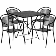 COMMERCIAL GRADE 28" SQUARE BLACK INDOOR-OUTDOOR STEEL FOLDING PATIO TABLE SET WITH 4 ROUND BACK CHAIRS <font color=green>FREE SHIPPING!</font>