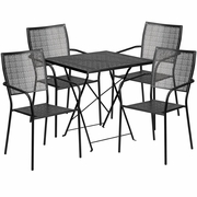 COMMERCIAL GRADE 28" SQUARE BLACK INDOOR-OUTDOOR STEEL FOLDING PATIO TABLE SET WITH 4 SQUARE BACK CHAIRS <font color=green>FREE SHIPPING!</font>
