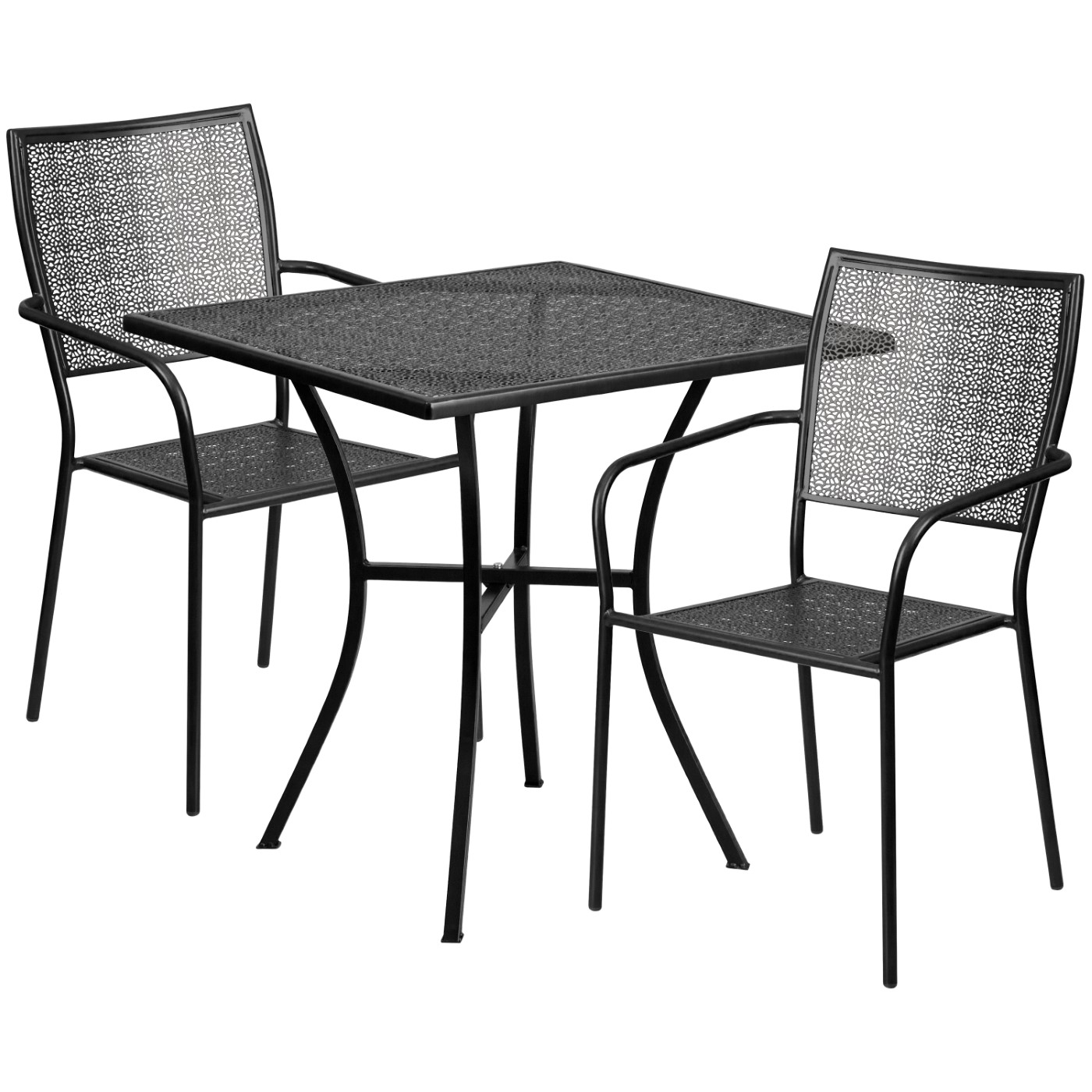 COMMERCIAL GRADE 28" SQUARE BLACK INDOOR-OUTDOOR STEEL PATIO TABLE SET WITH 2 SQUARE BACK CHAIRS <font color=green>FREE SHIPPING!</font> COMMERCIAL GRADE 28" SQUARE BLACK INDOOR-OUTDOOR STEEL PATIO TABLE SET WITH 2 SQUARE BACK CHAIRS <font color=green>FREE SHIPPING!</font>