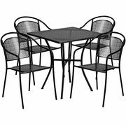 COMMERCIAL GRADE 28" SQUARE BLACK INDOOR-OUTDOOR STEEL PATIO TABLE SET WITH 4 ROUND BACK CHAIRS <font color=green>FREE SHIPPING!</font>