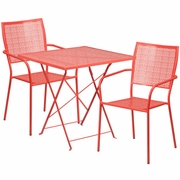 COMMERCIAL GRADE 28" SQUARE CORAL INDOOR-OUTDOOR STEEL FOLDING PATIO TABLE SET WITH 2 SQUARE BACK CHAIRS: <font color=green>FREE SHIPPING!</font>