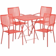COMMERCIAL GRADE 28" SQUARE CORAL INDOOR-OUTDOOR STEEL FOLDING PATIO TABLE SET WITH 4 SQUARE BACK CHAIRS: <font color=green>FREE SHIPPING!</font>