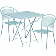 COMMERCIAL GRADE 28" SQUARE SKY BLUE INDOOR-OUTDOOR STEEL FOLDING PATIO TABLE SET WITH 2 ROUND BACK CHAIRS <font color=green>FREE SHIPPING!</font>
